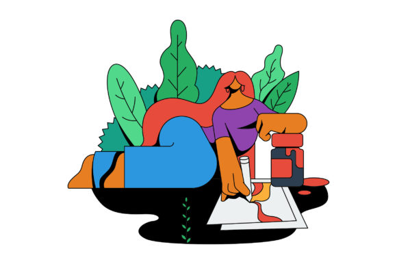 Female Artist with Floral Background Graphics and Illustrations