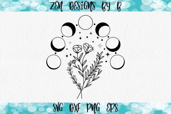 Moon Phases W floral Hand Drawn Design for Graphics and Illustrations